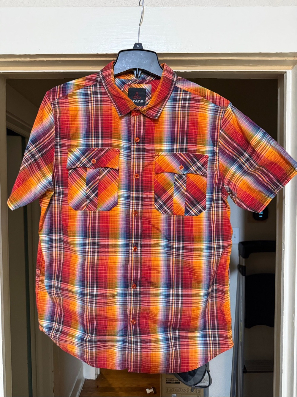 prAna Men's Short-Sleeve Plaid Shirt in Orange Multi